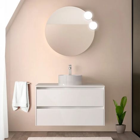 Mobile bagno sospeso 90 cm bianco lucido con top e specchio Gaya (1/5)