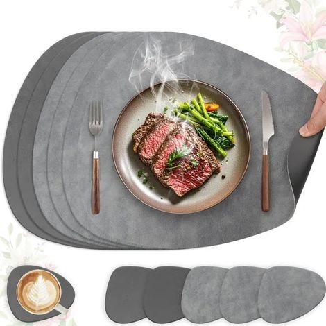 Set de table lavable et antidérapant, lot de 6 en cuir PU double face, ovale 41x33cm (gris + gris - Gris + Gris Foncé Ovale Lot de 6 (1/5)