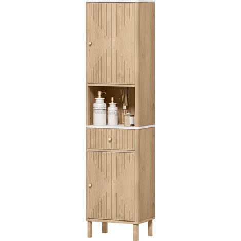 Colonne de salle de bain avec tiroir, 2 placards et étagères réglables, étagère effet marbre, 41,5 x 30 x 168 cm, chêne