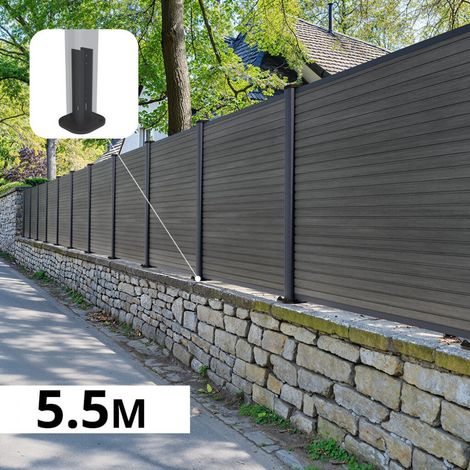 Kit Clôture Composite sur Muret SANTOS Ardoise 5,5x1,2m - Bois composite & Aluminium - Poteaux sur Platines Gris - Brise vue