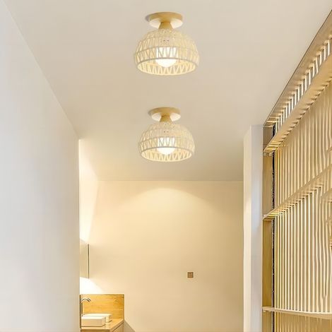 E27 Plafonnier Vintage Lampe de Plafond Bois Corde de Chanvre Suspension Luminaire Intérieur Couleur Blanc Ø20CM - 2Pcs (1/5)