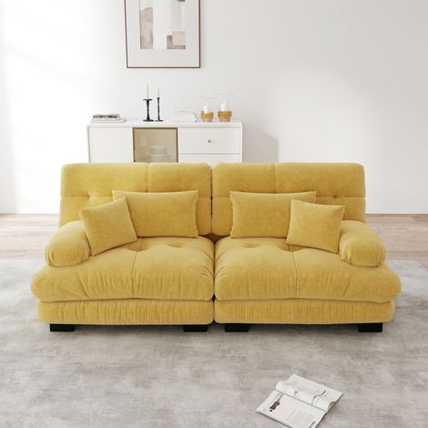 Sofá esquinero 2 plazas chenilla amarilla con 2 cojines lumbares y 2 decorativos HAVRYA (1/5)