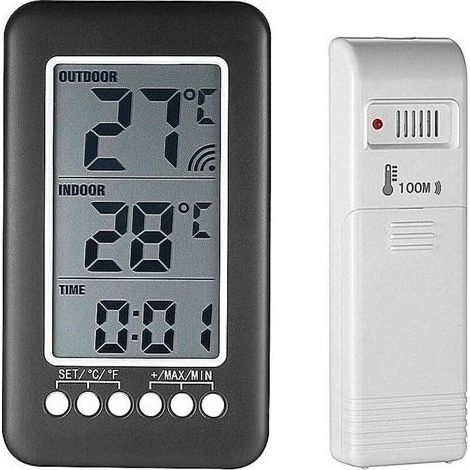 Termometro interno ed esterno senza fili con orologio, stazione meteorologica digitale senza fili con sensore esterno, black friday 2020 Monitor di temperatura con display LCD intelligente °C / °F (1/5)
