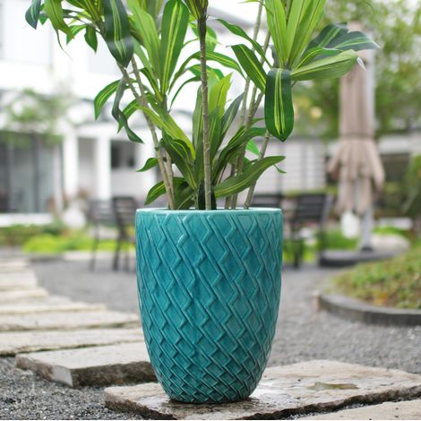 Vaso in ceramica fatto a mano 42x54 cm, per piante grandi, finitura lucida blu ciano, motivo a rombi, ceramica (1/5)