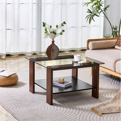 Tavolino da caffè 65x41x45,5 cm, con doppio ripiano contenitivo, piano in vetro, MDF e vetro, noce (1/5)