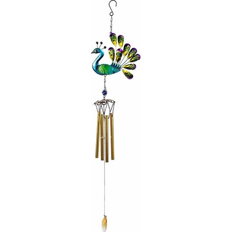 Cloche À Vent - Tube En Aluminium Et Fer Peint À La Main Avec Thème Paon - Pour Jardin Ou Terrasse - 1 Pièce (1/5)