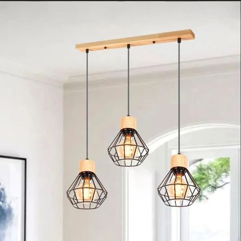 Lampe Suspension Rétro E27 Lustre Industriel en Cage Abat-jour en Bois Métal Luminaire Plafonnier Réglable pour Salon Chambre (1/5)