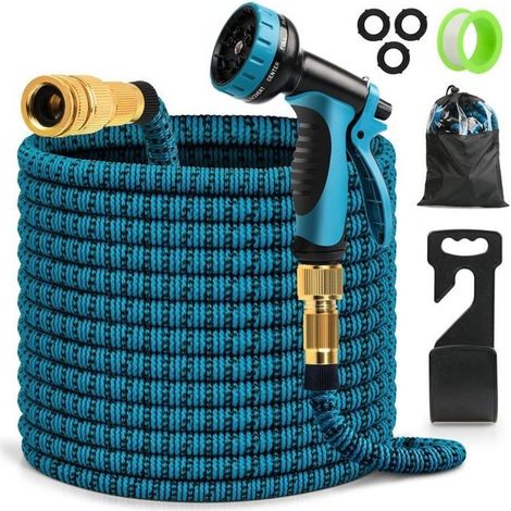 AIMOONSA Tubo da giardino estensibile 15 m con pistola a 10 funzioni e raccordi in ottone 1/2-3/4 (1/5)