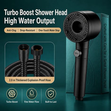 (Ensemble de douche noir 3) Pommeau de douche haute pression Turbo Fan avec filtre, douchette à main économique en eau, jet à arrêt automatique pour salle de bain (1/5)
