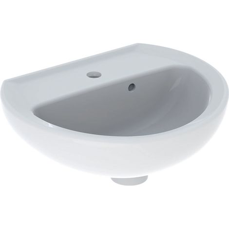 Geberit – Lave-mains céramique demi-rond 40 x 33 cm – Trop-plein asymétrique – À poser ou suspendre – Pour espaces confinés (1/4)