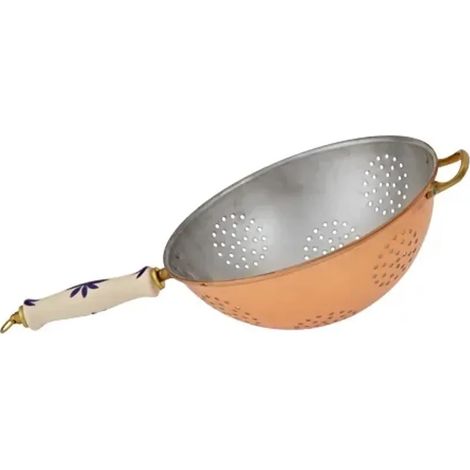 Passoire en cuivre massif avec surface intérieure étamée et poignée en porcelaine, diamètre 17 cm