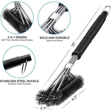 Cepillo de limpieza 3 en 1 para barbacoa – Mango de 43,3 cm de largo – Cerdas de acero inoxidable para una limpieza rápida – Compatible con todas las parrillas (1/5)
