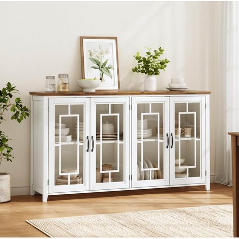 Aparador de cocina 160x40x86 cm con puertas de cristal, gran capacidad, tablero efecto madera, MDF blanco (1/5)