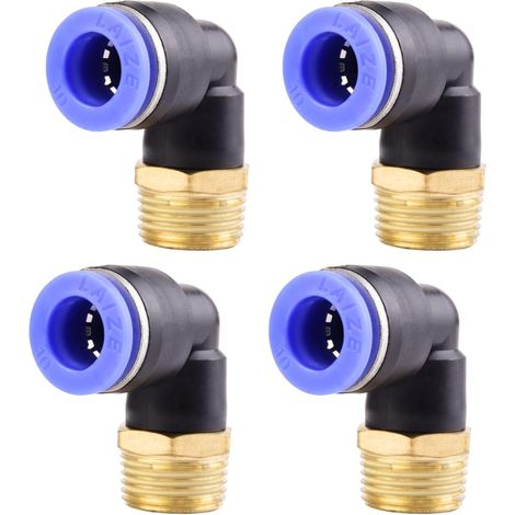 4 Pièces - Raccord Pneumatique - Raccord Coudé 90 Degrés - Filetage Extérieur 3/8 Pouces Pour Tuyau 10mm - Air Comprimé - Laiton Et Plastique - Or Et Bleu (1/5)