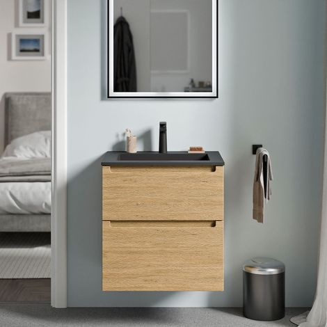 BERNSTEIN - Mobile lavabo sospeso MDF rovere miele, lavello Ghisa nero opaco + foro rubinetto, cassetti girevoli - 60x46x62cm - VIREO	Rovere Miele Oro, Nero opaco con foro rubinetto