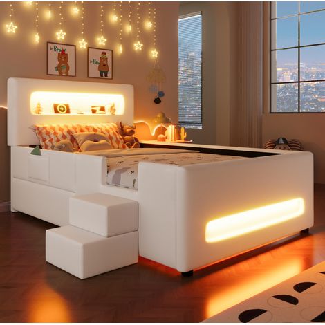 Letto bambini 90x200 cm con gradini, 1 cassetto, illuminazione LED, tasche portaoggetti e rete a doghe, senza materasso, bianco (1/5)