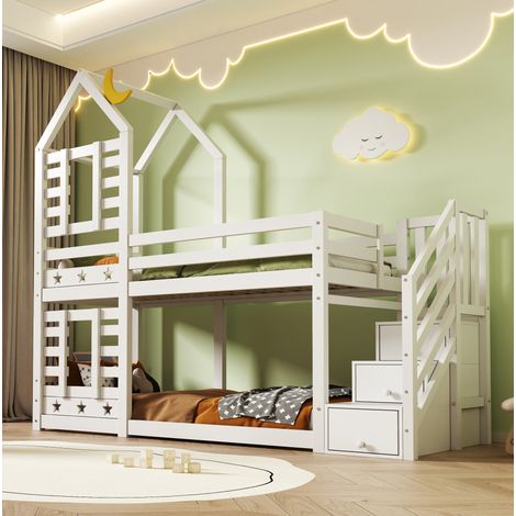 Cama infantil litera con almacenaje y escalera blanca OKMYHOME (1/5)