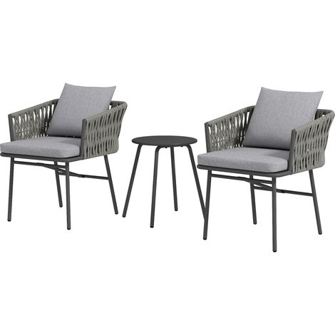 Mobilier de jardin 3 pièces bistro rotin synthétique acier 2 chaises 1 table métal 4 coussins gris