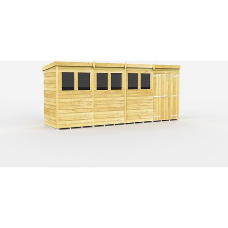 16 x 4 Feet Pent Shed - Double Door With Windows - Wood - L118 x W474 x H201 cm