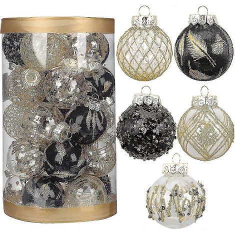 25 boules de Noël pailletées noires et dorées en plastique, décorations pour sapin de Noël, pendentifs pour sapin de Noël. (1/4)