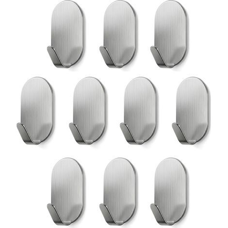 Self-adhesive hooks, pack of 10, made of stainless steel, suitable for kitchen and bathroom walls and doors. (1/5)