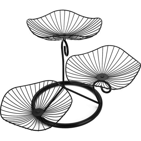 Corbeille à fruits JeiibrZui série Lotus - 24 cm - Étagère de rangement à 3 niveaux pour légumes et pain - Noir (1/5)