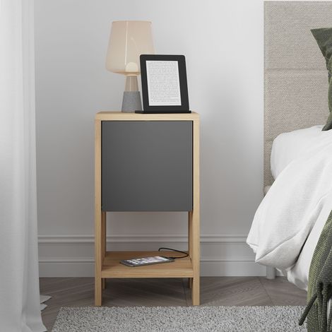 Table de chevet 2 étagères Porte pliante Table d'appoint moderne Chêne et Anthracite