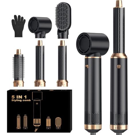 Brosse Sèche-Cheveux 5-En-1 - Noir - Kit de Coiffure Amélioré à Ions Négatifs - Brosse à Boucler et à Lisser - Cadeau pour Coiffer, Boucler, Sécher, (1/5)