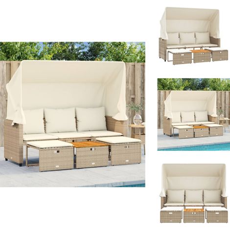 Outdoor-Sofa 3-Sitzer mit Dach und Hockern Beige Poly Rattan - Gartensofa - Outdoor-Sofa - Lounge Set - Rattan Möbel - Gartenmöbel (1/5)