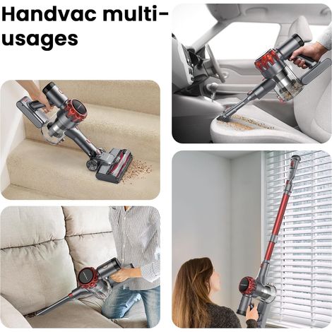 Balai électrique sans fil S3P, aspirateur balai 2-en-1, gris et rouge, puissant, léger, pour sols durs et tapis (1/5)