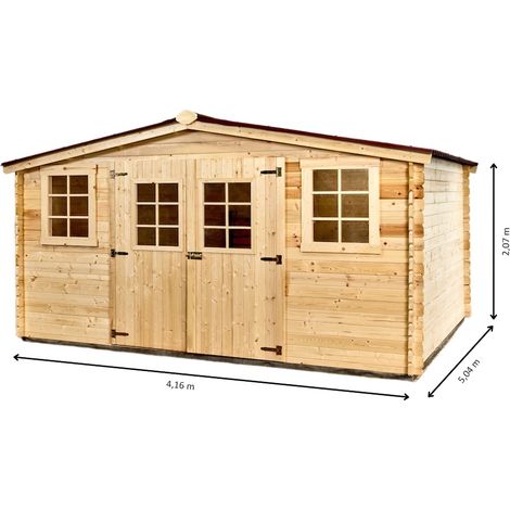 Habrita – Abri de jardin bois double pente 20,97 m² – Épicéa massif 28 mm – Toit en plaques ondulées bitumées – Porte double avec lucarne