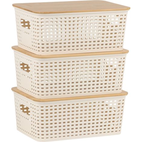 Relaxdays storage box, 3x, lid, plastic & bamboo, handle cut-outs, HxWxD: 10.5x25.5x18 cm, organiser white