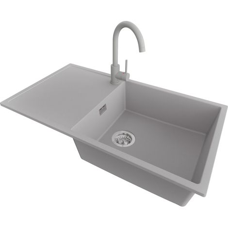 PRIMAGRAN Evier Cuisine en Granit 90x50cm,Lavabo 1 bac + Robinet 32x20cm + Kit de Vidage, Évier à Encastrer au meuble 60cm - Ibiza, Gris (1/5)