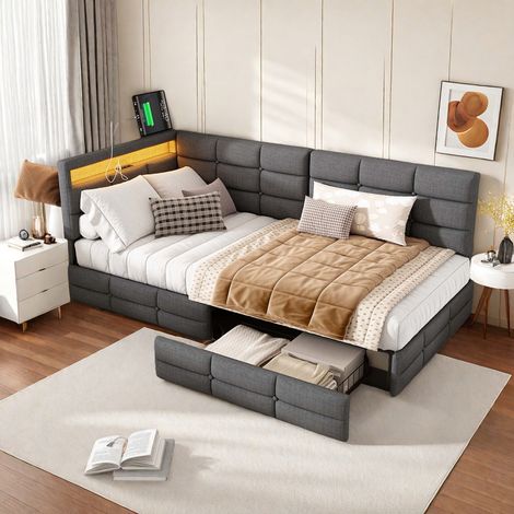 Lit capitonné 90 x 200 cm avec 2 tiroirs - Lit coffre simple 90 x 200 cm - Canapé-lit adulte avec sommier à lattes en bois - LED et ports USB - Lin gris