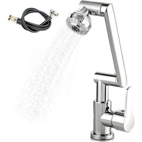 Robinet de cuisine extractible, mitigeur avec régulateur de débit à 1080°, 2 modes de jet, flexible de raccordement eau chaude et froide de 60 cm - Argent (1/4)