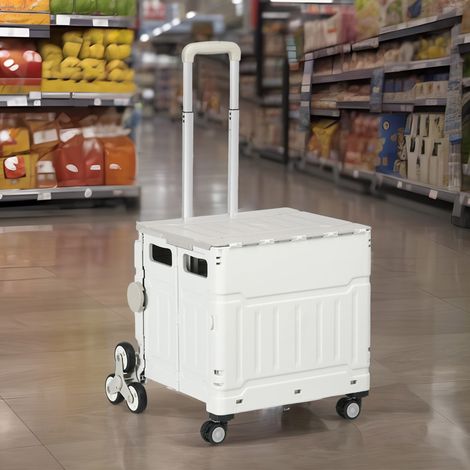 Carro de compra plegable (52x48x100 cm), sube escaleras, con asa telescópica ajustable, plástico, blanco (1/5)