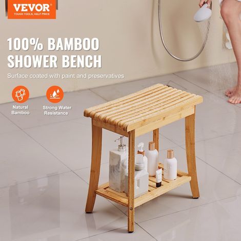 Banc de douche en bambou, 485 x 288 x 465 mm, tabouret de douche étanche avec étagère de rangement, capacité de 149,7 kg, pour adultes, personnes âgées, intérieur et extérieur, salle de bain (1/5)