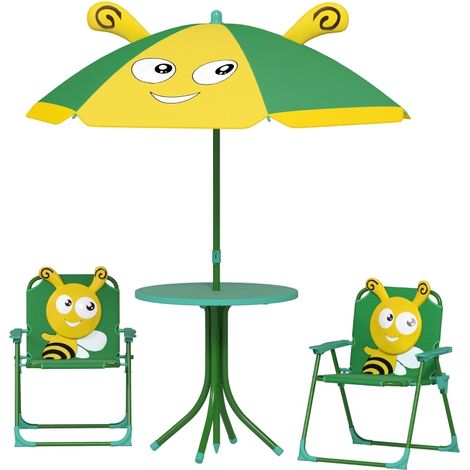 CHICFURN Conjunto de jardín infantil 4 piezas Ø49,5x50 cm verde y amarillo con sombrilla ajustable (1/5)
