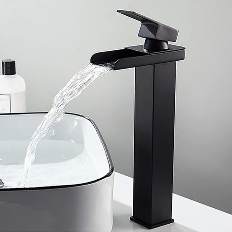 Mitigeur lavabo rectangulaire noir mat, robinet cascade réglable eau chaude/froide. Acier inoxydable anti-oxydation sans plomb, pour basin de comptoir ou lavabo main. (1/5)