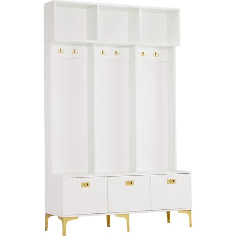 GagaVestiaire avec banc 120 cm, blanc, 6 crochets, rangement ouvert (1/5)