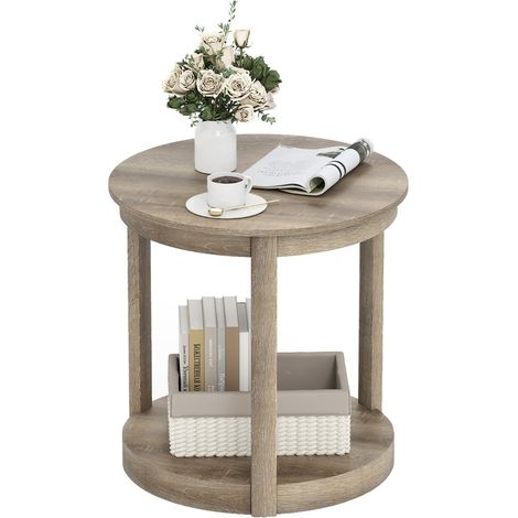 Tavolo da caffè a 2 livelli con ripiano e gambe in legno di gomma, Tavolino da cocktail rustico per soggiorno Grigio (1/4)