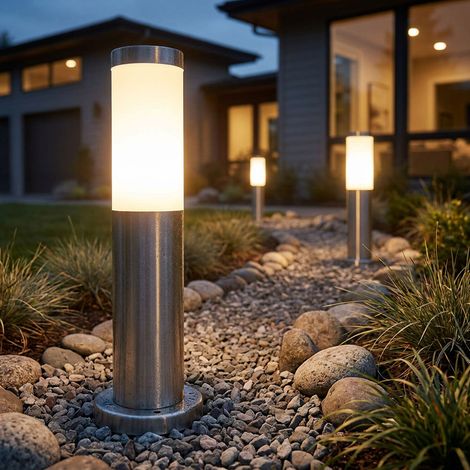 Lampada da terra per esterni, lampada da terra da giardino, lampada da terra per patio, lampada a paletto in acciaio inossidabile, argento, 1x E27, PxH 7,6x45 cm, set di 3 (1/5)