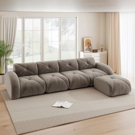 Canapé d'angle modulable en L 4 places avec pouf, chenille taupe, sans montage (1/5)