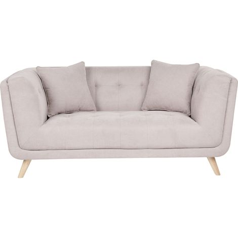 Divano a 2 posti in tessuto con cuscini decorativi, gambe in legno e trapuntatura decorativa tortora Habo (1/5)