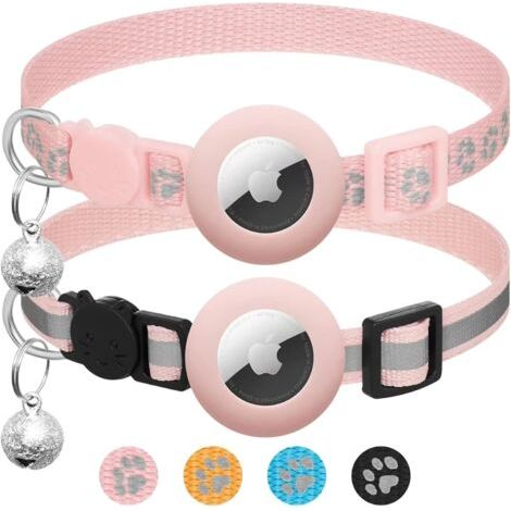 Lot de 2 colliers pour Apple AirTag pour chat avec clochette, collier réfléchissant pour chat avec support Airtag, réglable de 17,8 à 30,5 cm, avec boucle de sécurité -(Rose) (1/4)