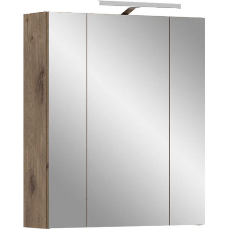 Ice armoir de salle de bain avec miroir avec éclairage 3 portes miroir noir mat, chêne décor. (1/5)