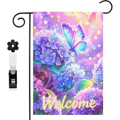 Drapeau de jardin 30 x 45 cm motif hortensia et papillon élégant toile double face pour jardin et terrasse (1/5)