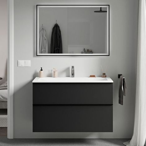 BERNSTEIN - Meuble vasque suspendu salle de bain MDF Noir mat, lavabo fonte minérale Blanc mat + trou robinet, poignée métal Noir mat - 80x46x62cm - LAVOA Noir mat, Noir mat, Blanc mat avec trou pour 