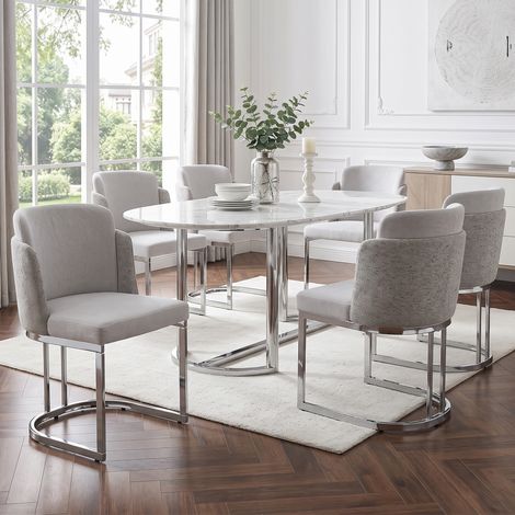 Lot de 6 chaises de salle à manger confortables et respirantes, idéales pour les restaurants, salons, cafés et autres lieux. Style moderne, pieds de chaise en acier galvanisé argenté, revêtement en ch (1/4)