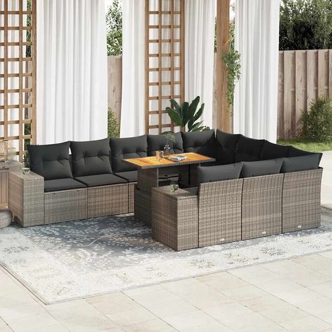 10-tlg. Garten-Sofagarnitur mit Kissen Grau Poly Rattan Akazie vidaXL (1/5)